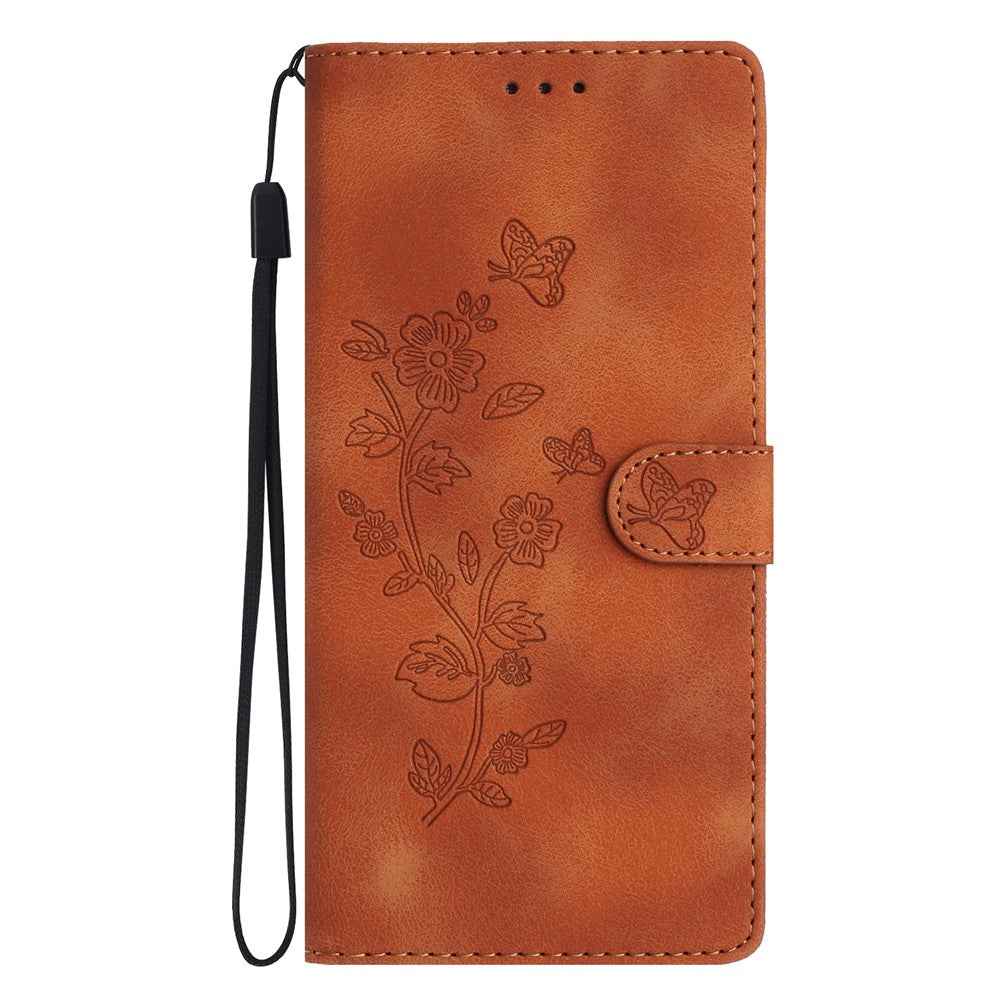 Leather Case For Xiaomi 17 Pro Imprinted Flower Phone Cover with Wrist Strap - Brown