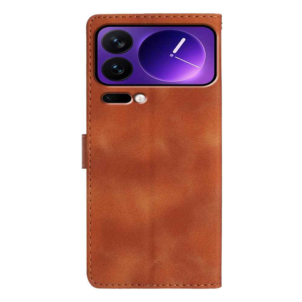 Leather Case For Xiaomi 17 Pro Imprinted Flower Phone Cover with Wrist Strap - Brown