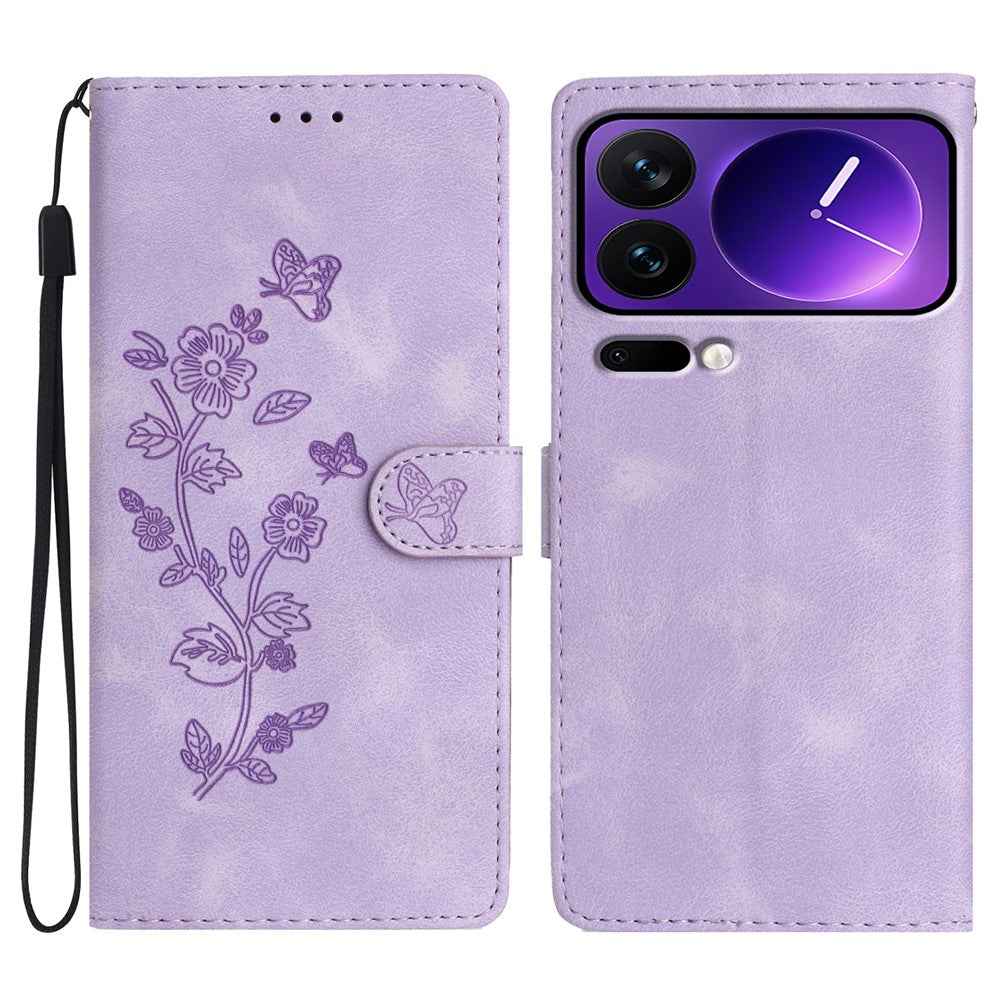 Leather Case For Xiaomi 17 Pro Imprinted Flower Phone Cover with Wrist Strap - Purple