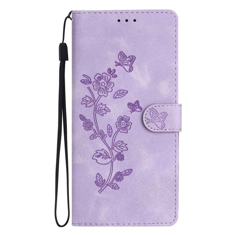 Leather Case For Xiaomi 17 Pro Imprinted Flower Phone Cover with Wrist Strap - Purple