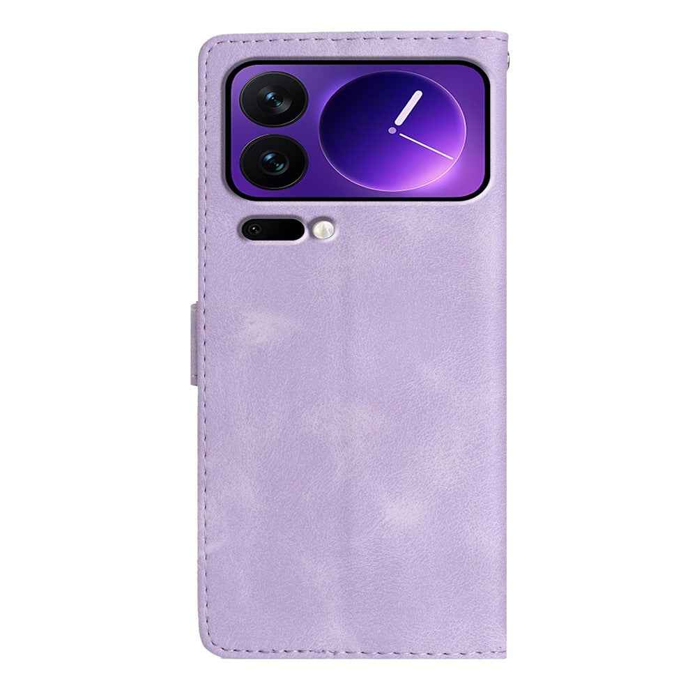 Leather Case For Xiaomi 17 Pro Imprinted Flower Phone Cover with Wrist Strap - Purple
