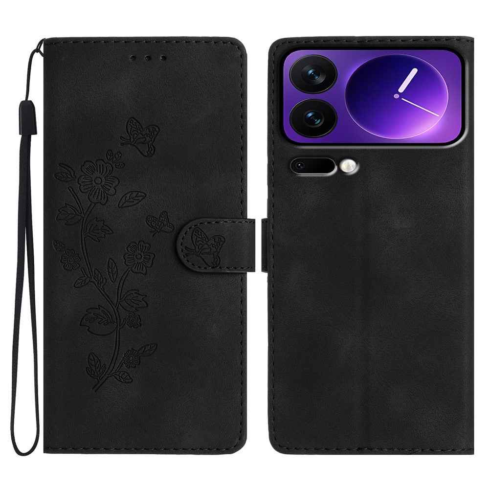Leather Case For Xiaomi 17 Pro Imprinted Flower Phone Cover with Wrist Strap - Black