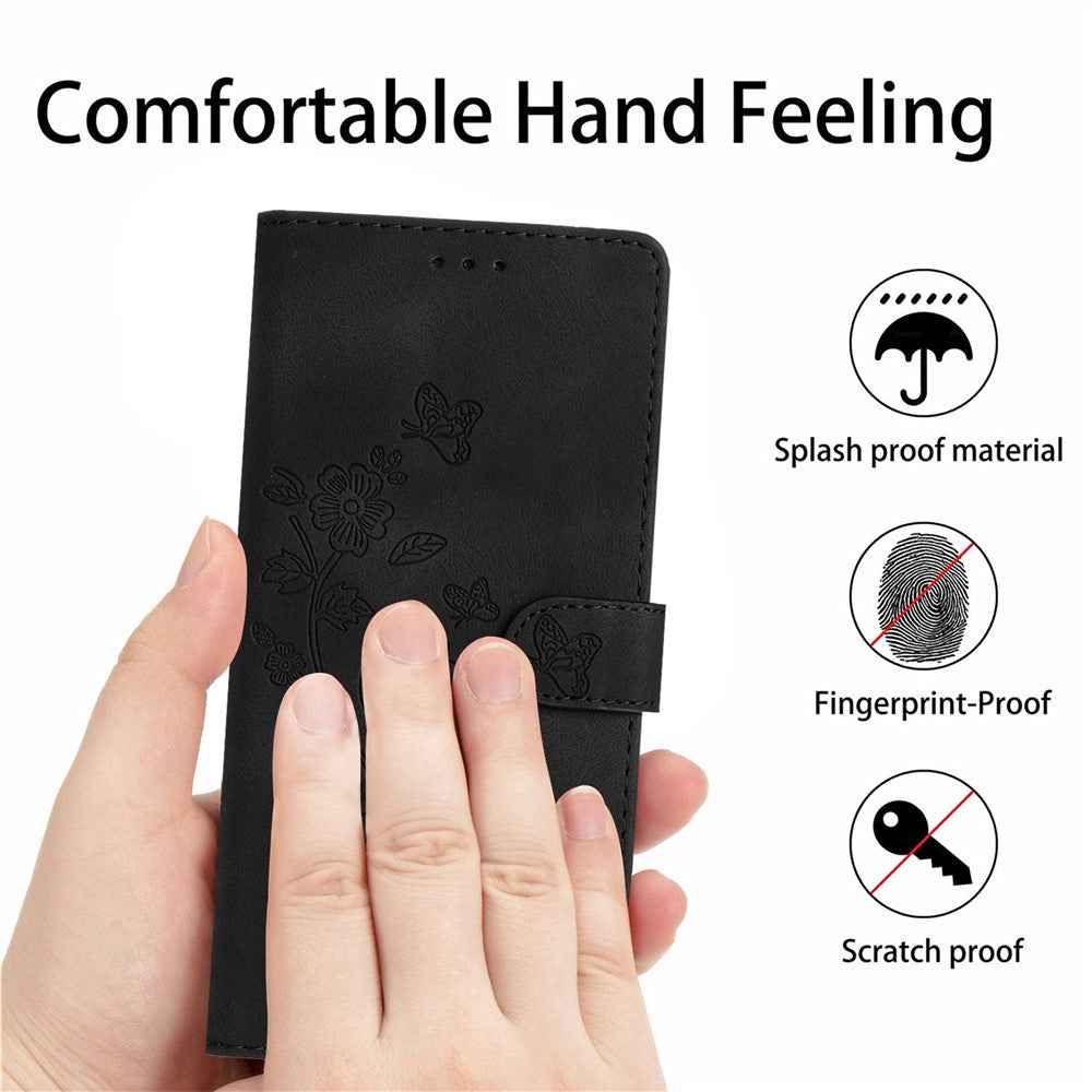 Leather Case For Xiaomi 17 Pro Imprinted Flower Phone Cover with Wrist Strap - Black
