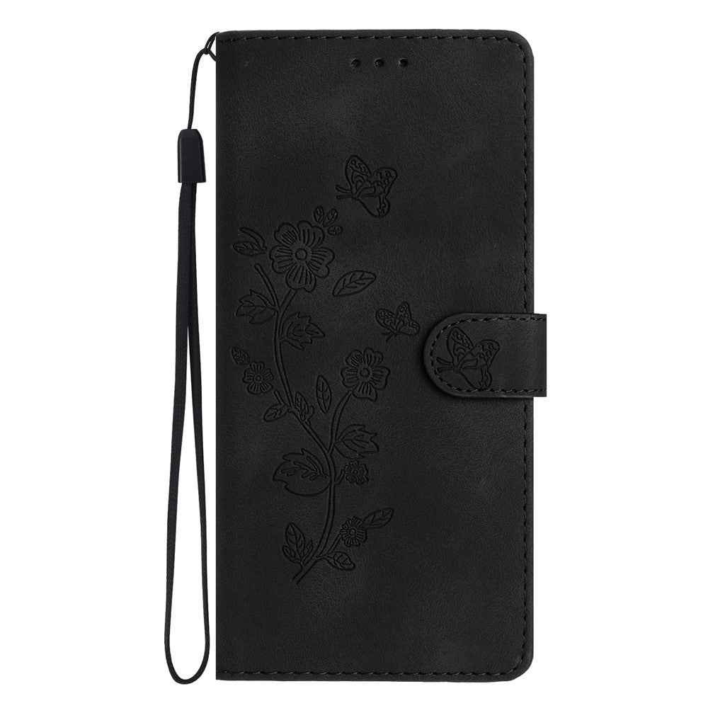 Leather Case For Xiaomi 17 Pro Imprinted Flower Phone Cover with Wrist Strap - Black