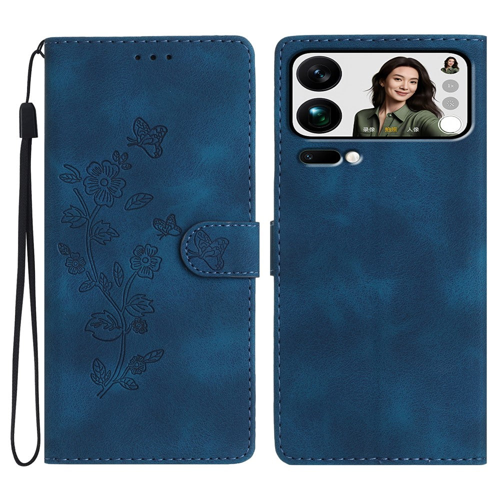 Leather Case For Xiaomi 17 Pro Max Imprinted Flower Phone Cover with Wrist Strap - Blue