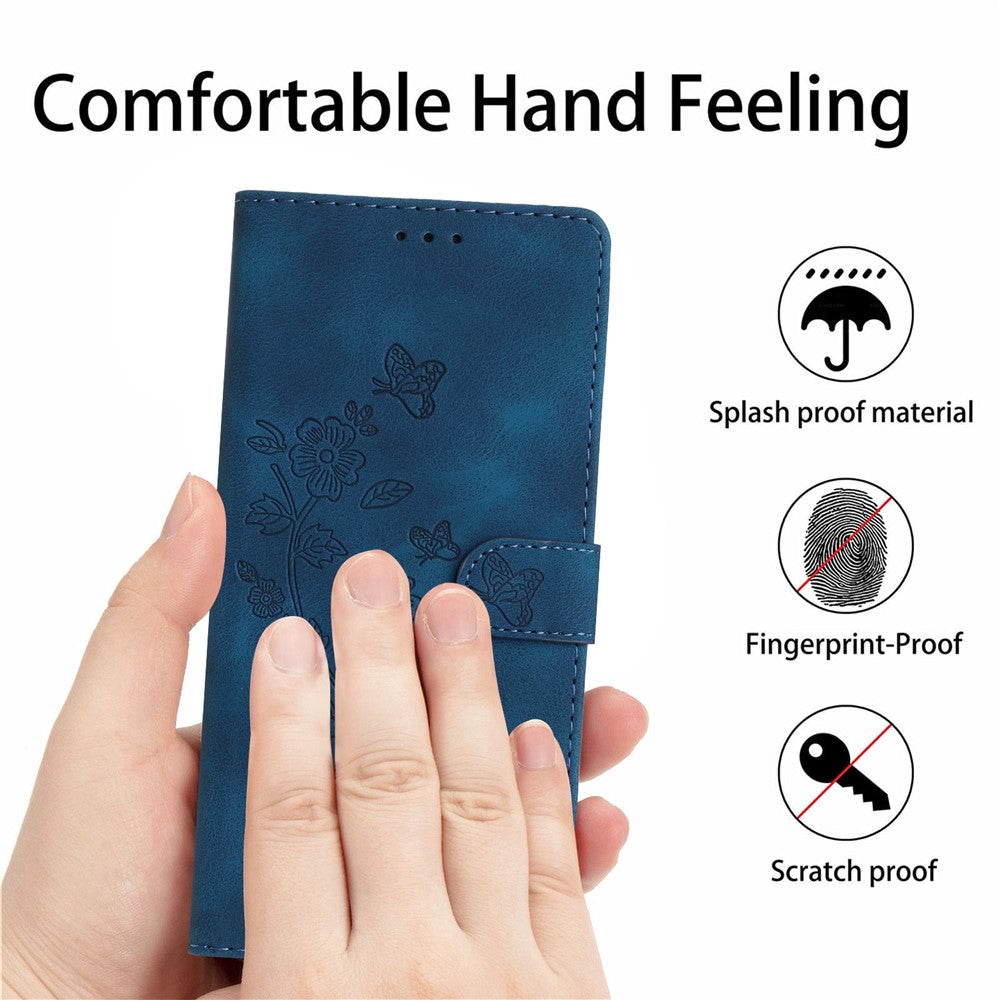 Leather Case For Xiaomi 17 Pro Max Imprinted Flower Phone Cover with Wrist Strap - Blue