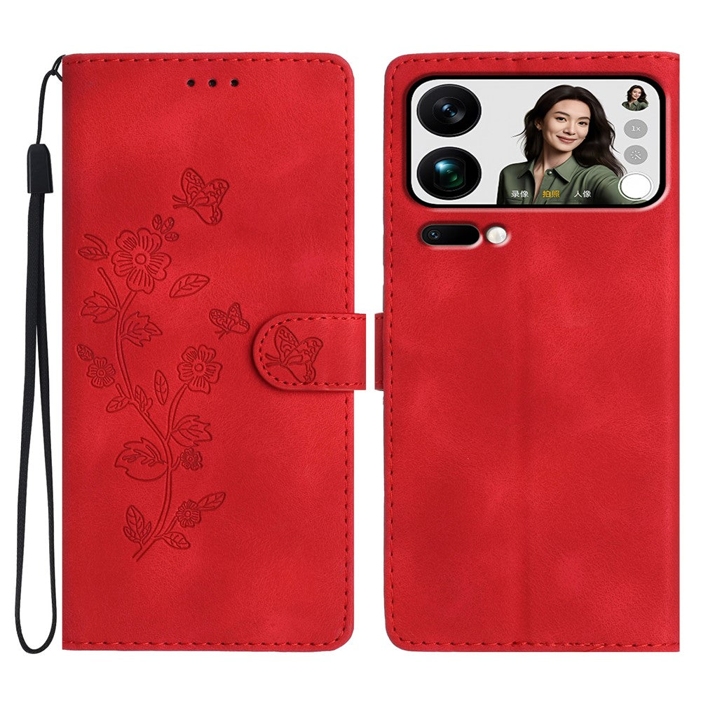 Leather Case For Xiaomi 17 Pro Max Imprinted Flower Phone Cover with Wrist Strap - Red