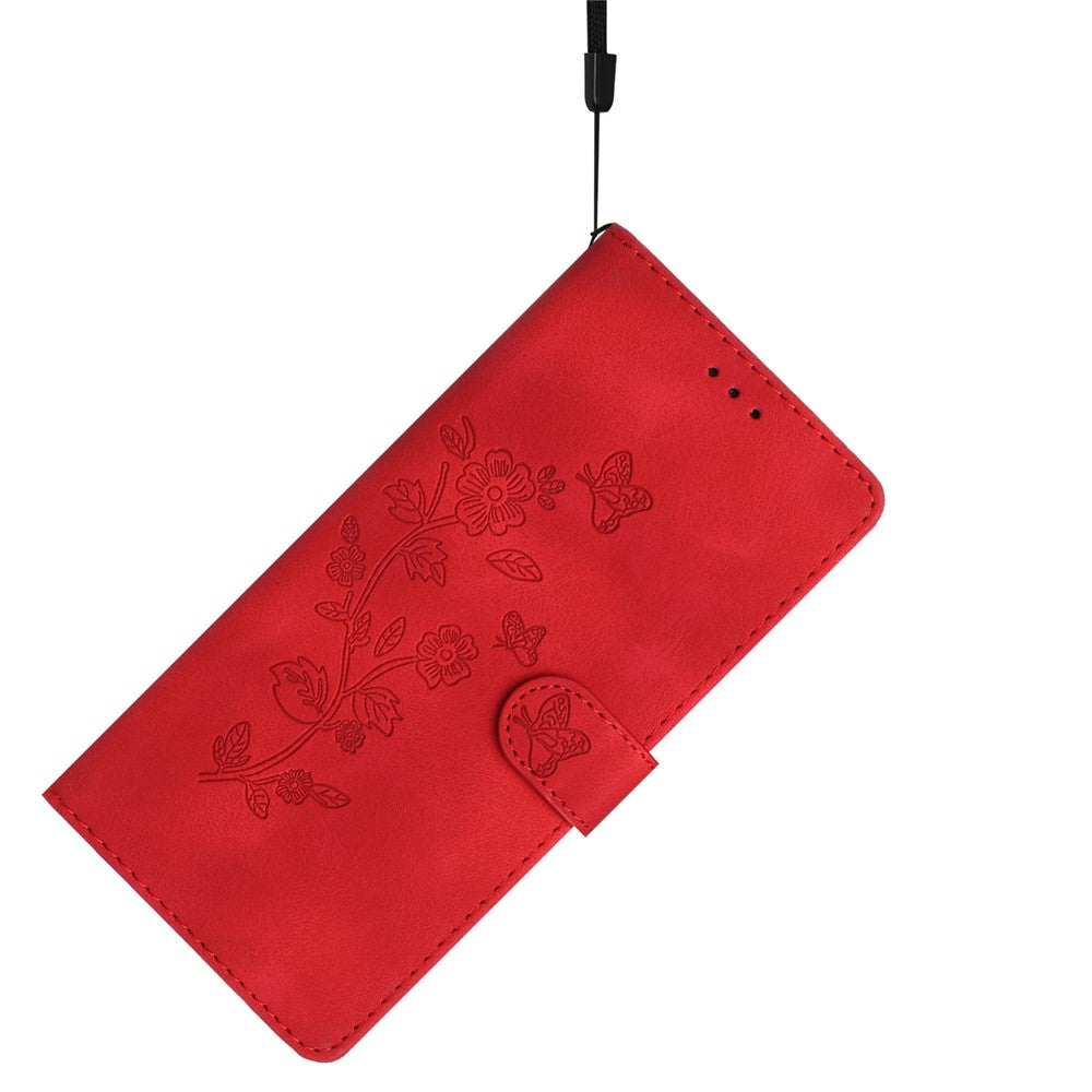 Leather Case For Xiaomi 17 Pro Max Imprinted Flower Phone Cover with Wrist Strap - Red