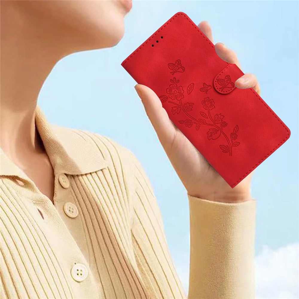 Leather Case For Xiaomi 17 Pro Max Imprinted Flower Phone Cover with Wrist Strap - Red