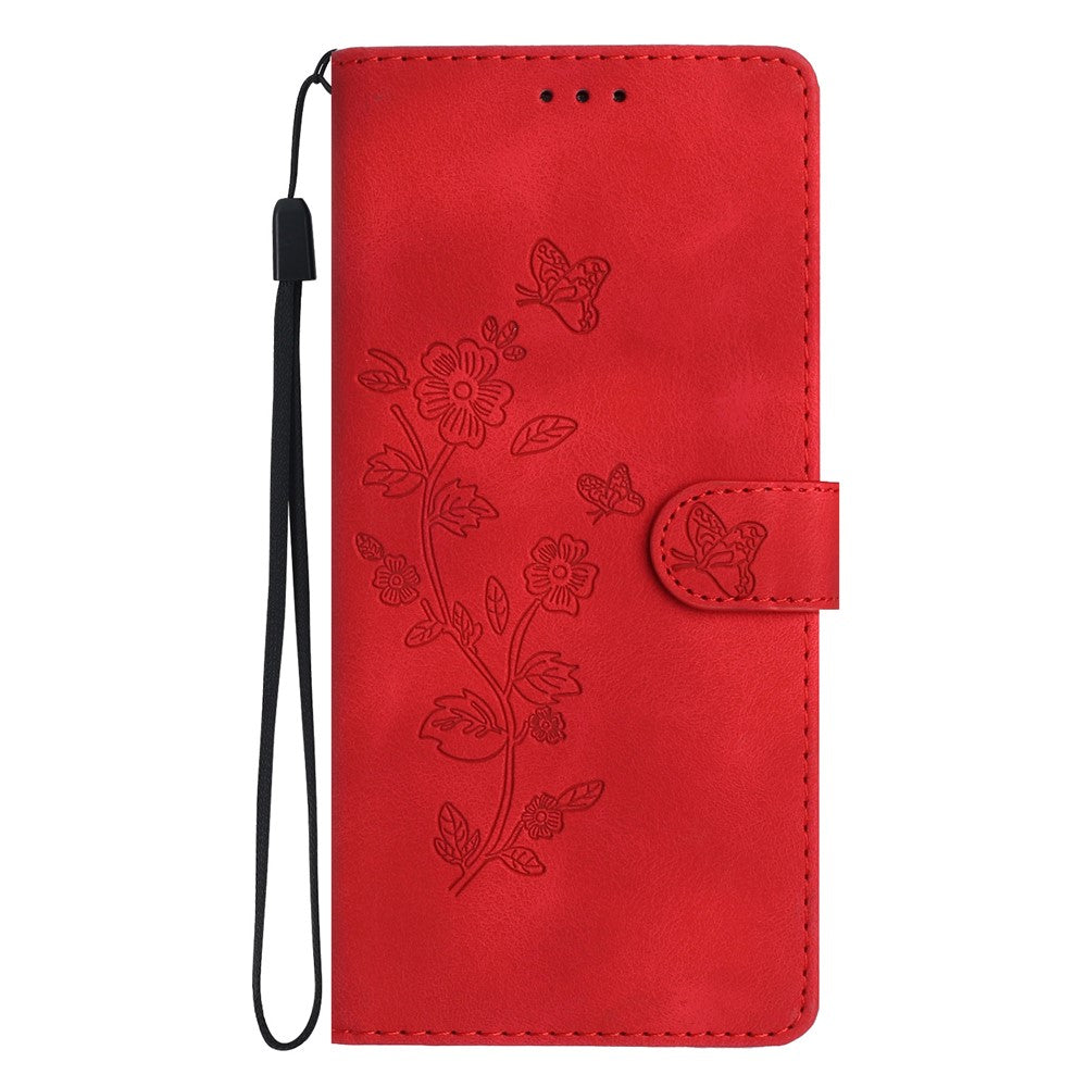 Leather Case For Xiaomi 17 Pro Max Imprinted Flower Phone Cover with Wrist Strap - Red