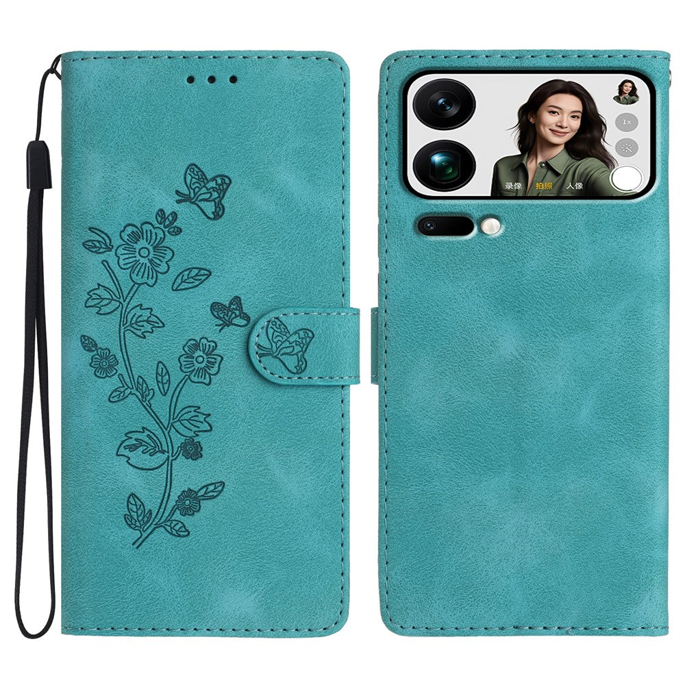 Leather Case For Xiaomi 17 Pro Max Imprinted Flower Phone Cover with Wrist Strap - Green