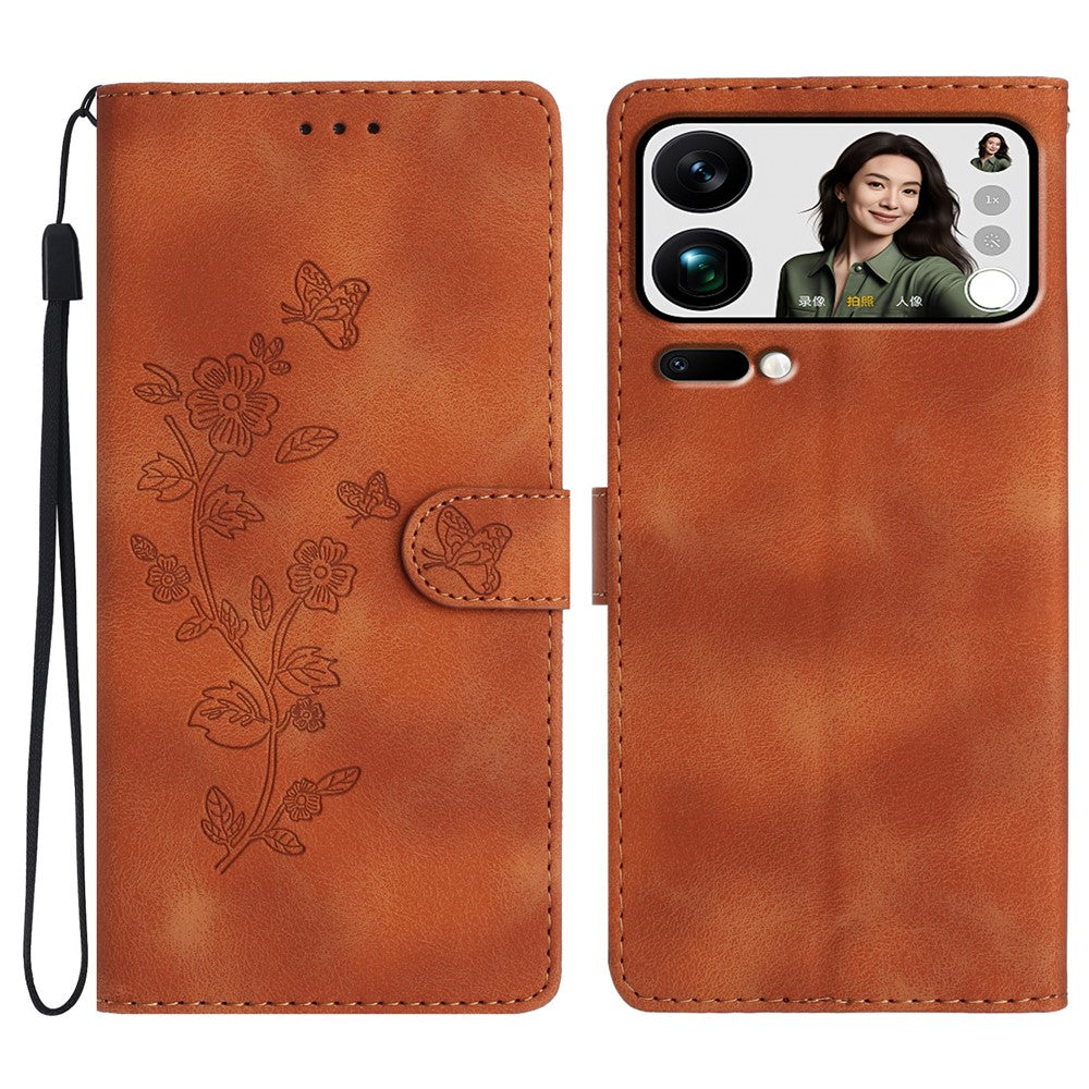 Leather Case For Xiaomi 17 Pro Max Imprinted Flower Phone Cover with Wrist Strap - Brown