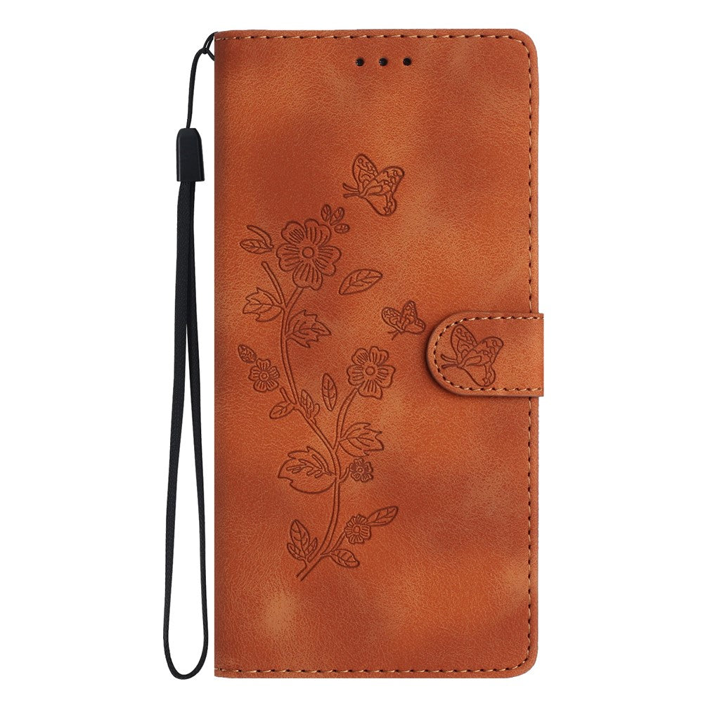 Leather Case For Xiaomi 17 Pro Max Imprinted Flower Phone Cover with Wrist Strap - Brown