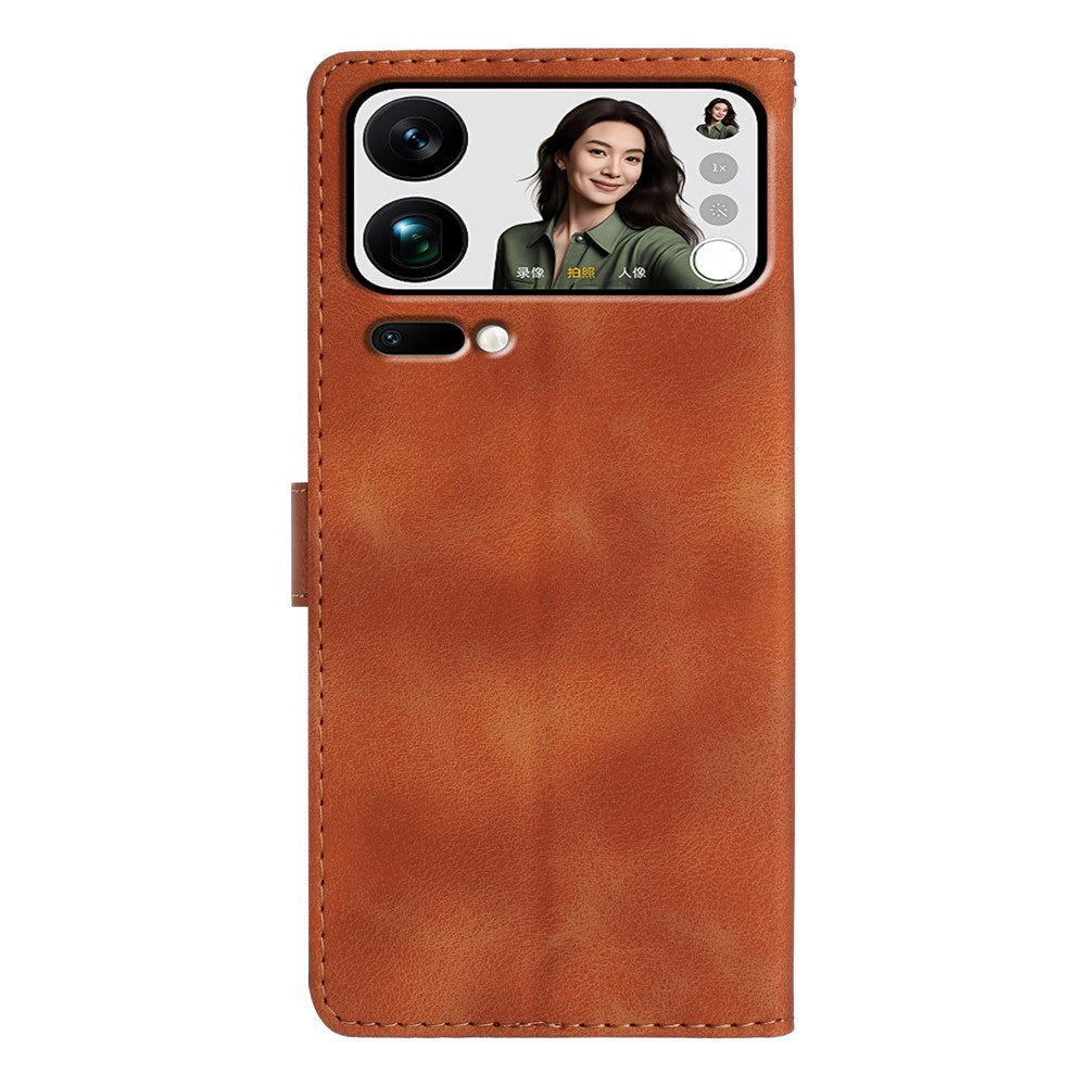Leather Case For Xiaomi 17 Pro Max Imprinted Flower Phone Cover with Wrist Strap - Brown