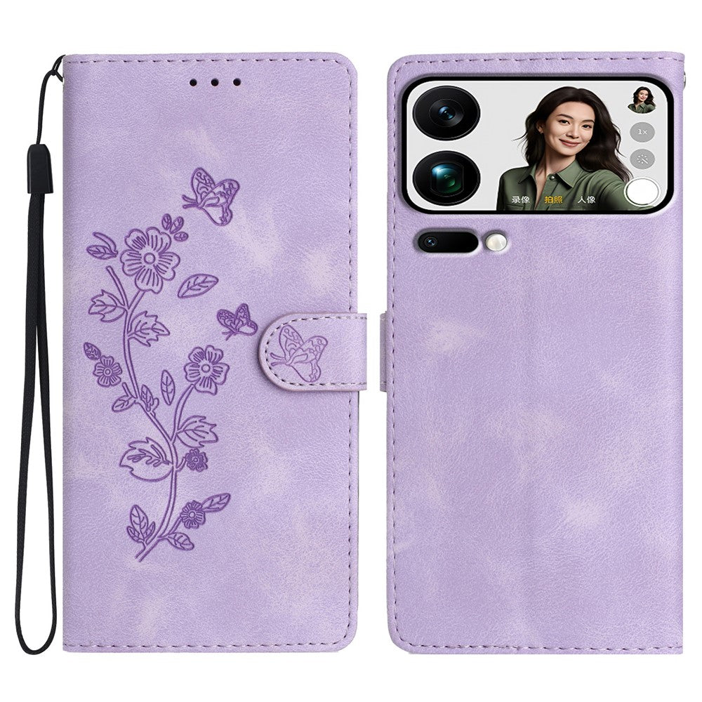 Leather Case For Xiaomi 17 Pro Max Imprinted Flower Phone Cover with Wrist Strap - Purple
