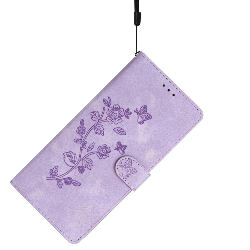 Leather Case For Xiaomi 17 Pro Max Imprinted Flower Phone Cover with Wrist Strap - Purple