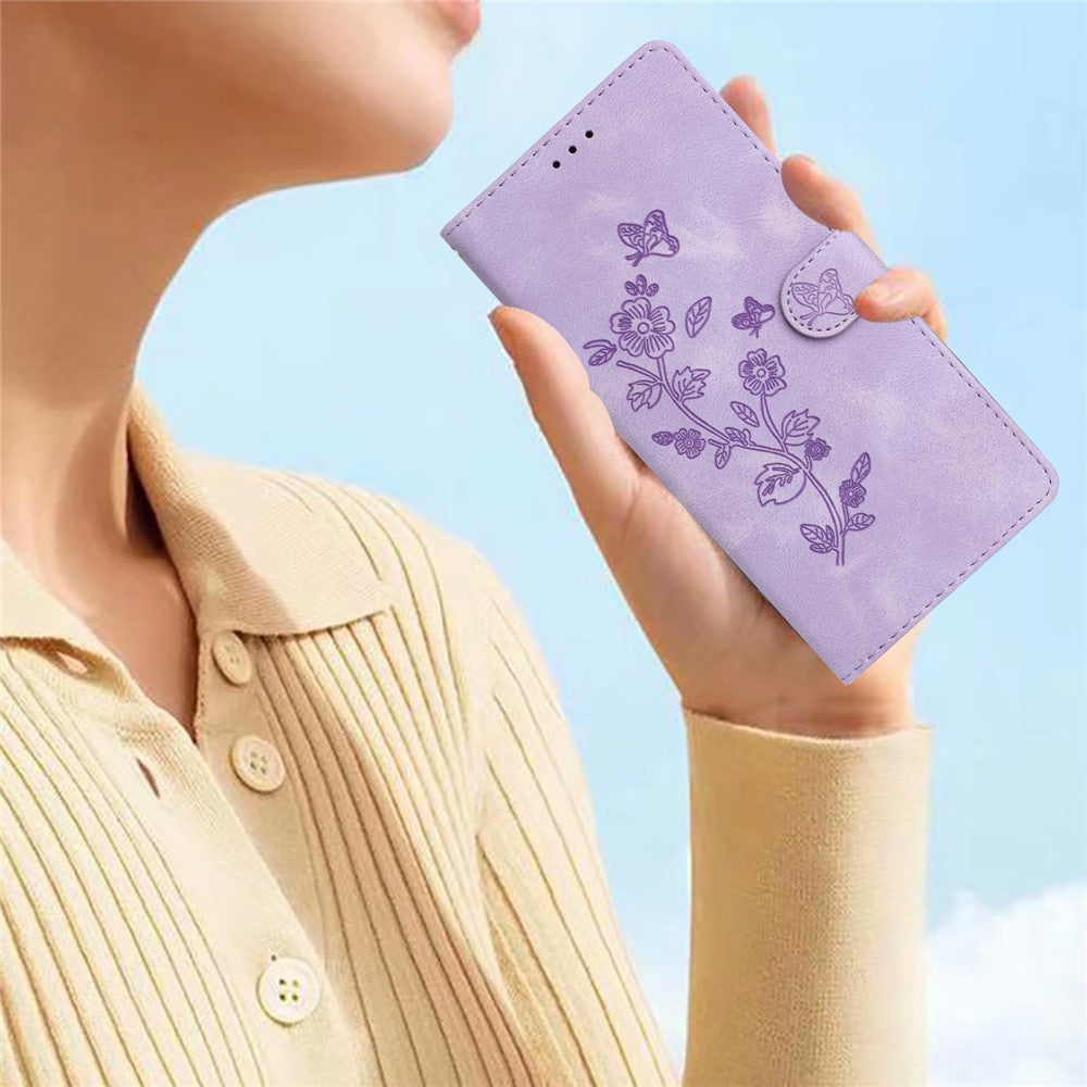 Leather Case For Xiaomi 17 Pro Max Imprinted Flower Phone Cover with Wrist Strap - Purple
