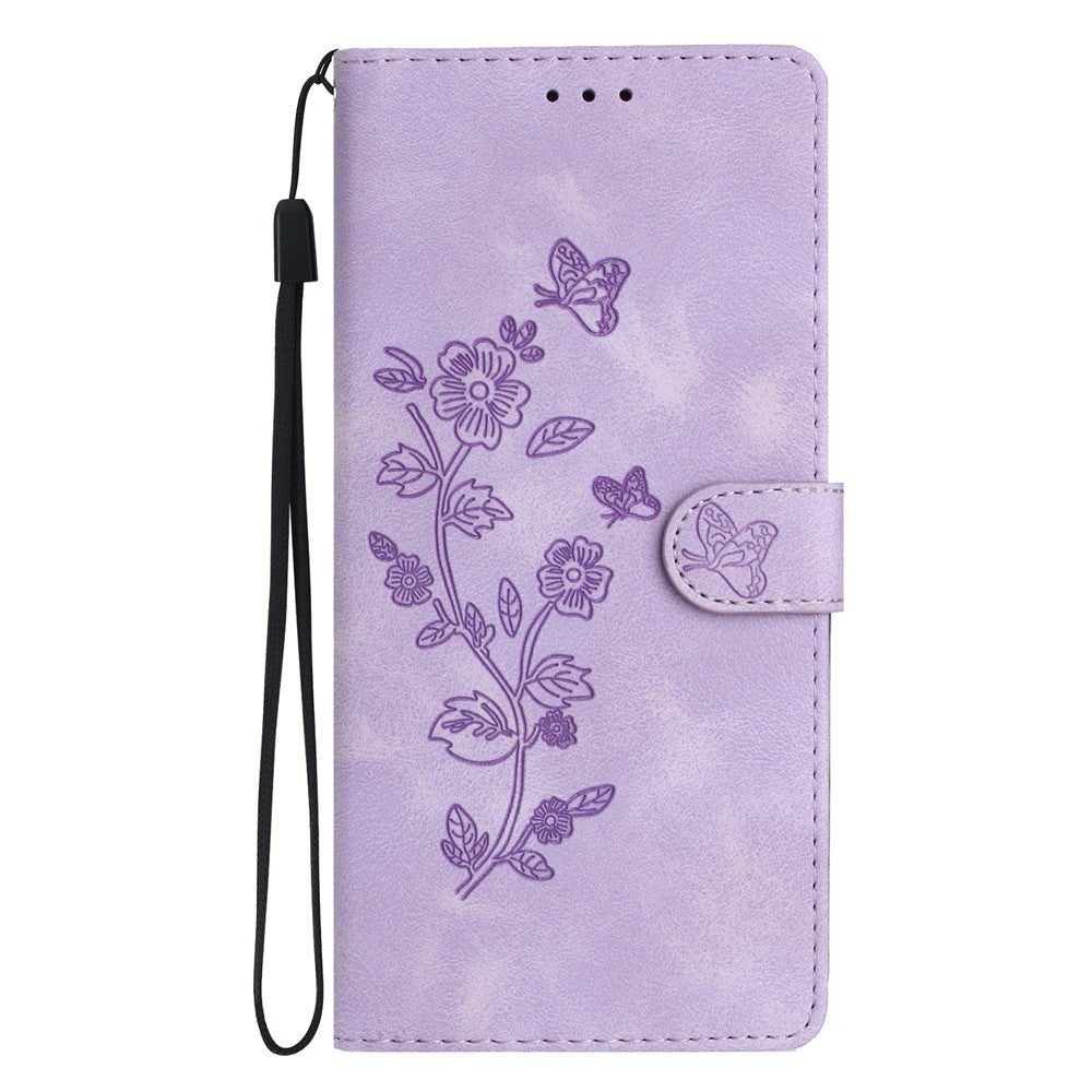 Leather Case For Xiaomi 17 Pro Max Imprinted Flower Phone Cover with Wrist Strap - Purple