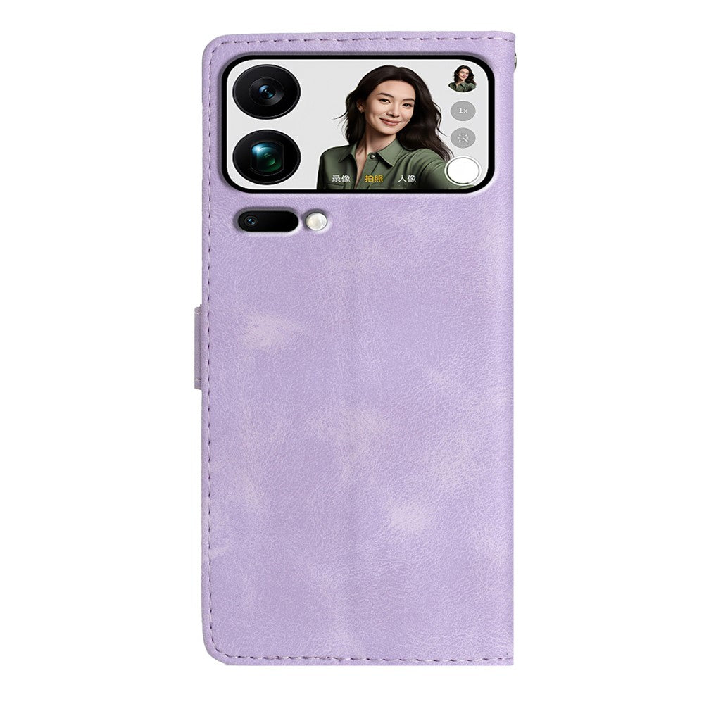 Leather Case For Xiaomi 17 Pro Max Imprinted Flower Phone Cover with Wrist Strap - Purple