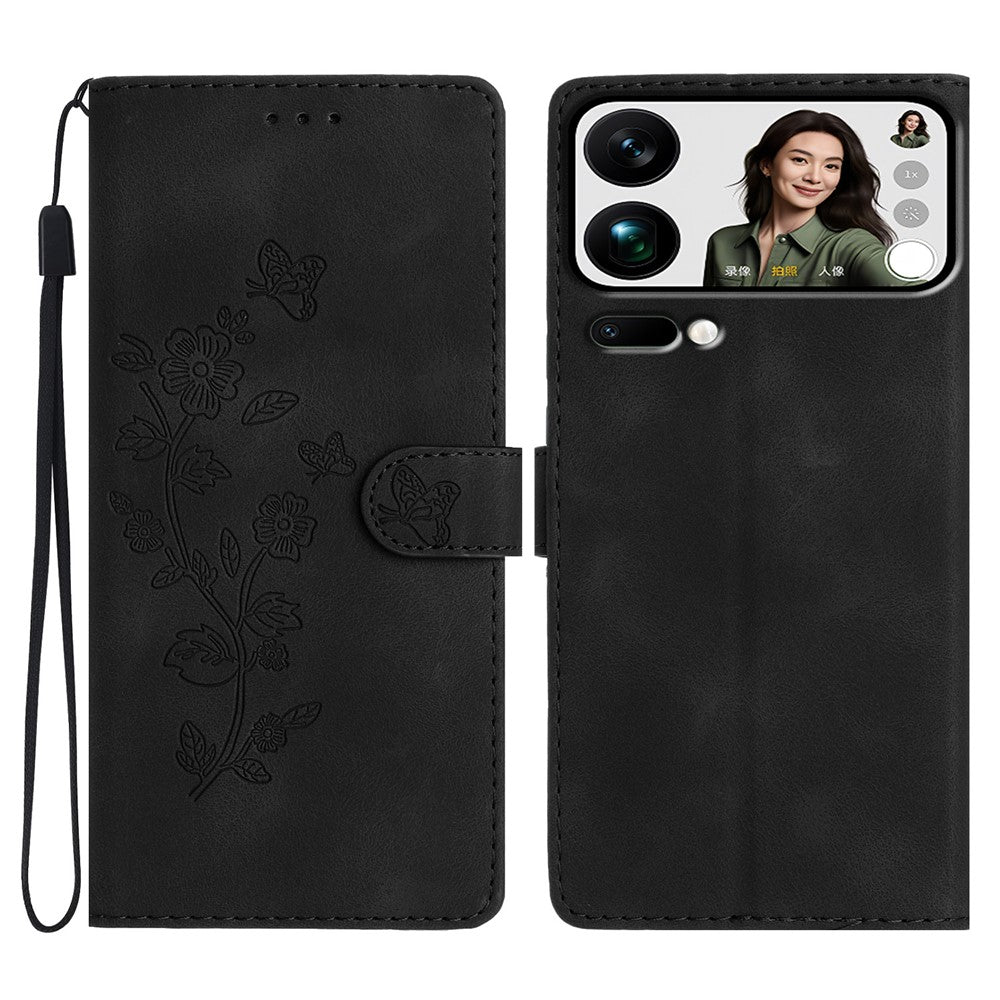 Leather Case For Xiaomi 17 Pro Max Imprinted Flower Phone Cover with Wrist Strap - Black