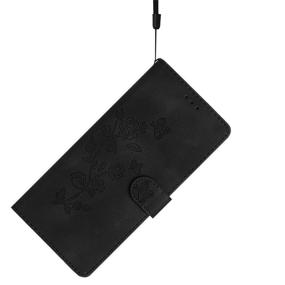 Leather Case For Xiaomi 17 Pro Max Imprinted Flower Phone Cover with Wrist Strap - Black