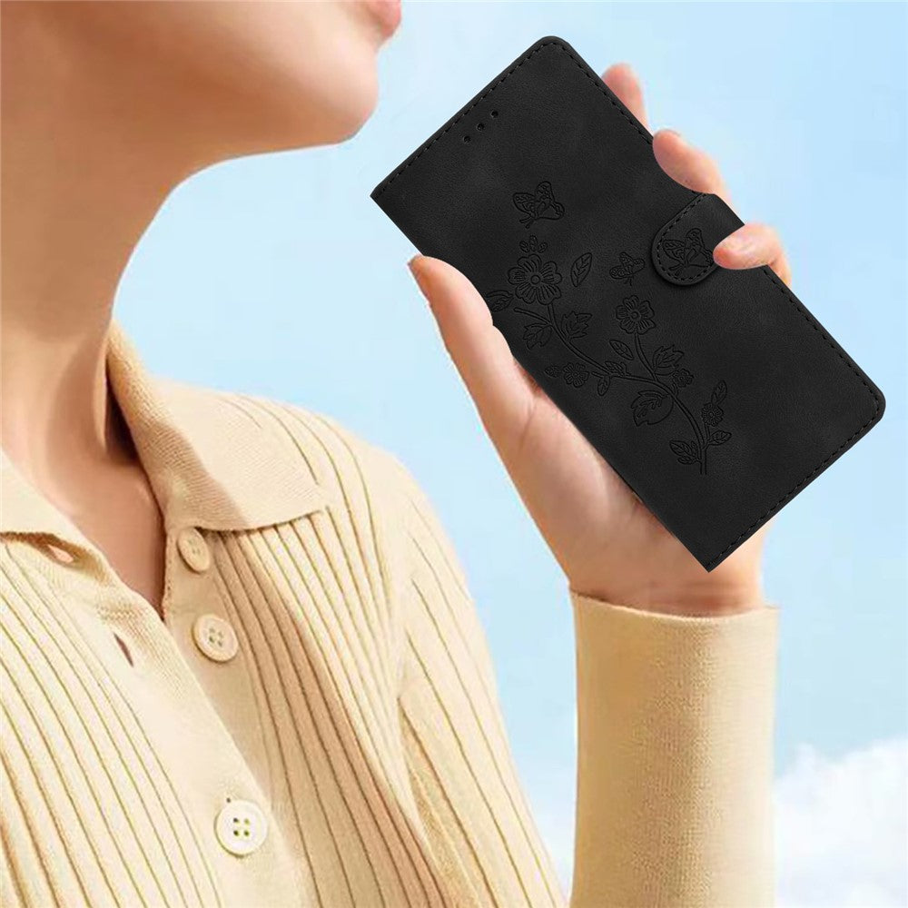 Leather Case For Xiaomi 17 Pro Max Imprinted Flower Phone Cover with Wrist Strap - Black