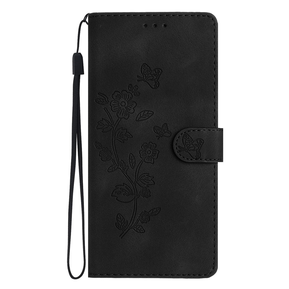 Leather Case For Xiaomi 17 Pro Max Imprinted Flower Phone Cover with Wrist Strap - Black