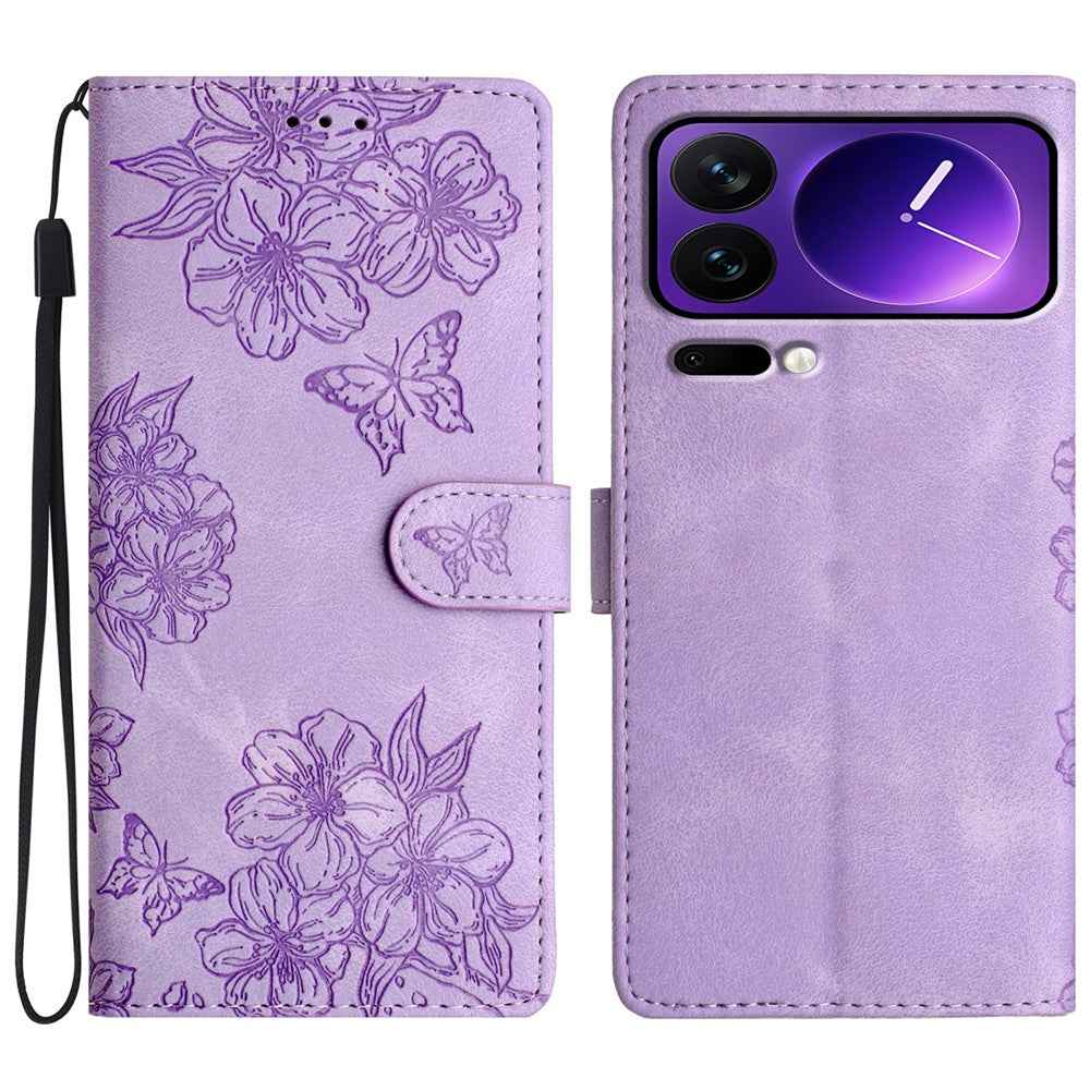 For Xiaomi 17 Pro Case Butterfly Flower Pattern Skin-Touch Leather Phone Cover - Purple
