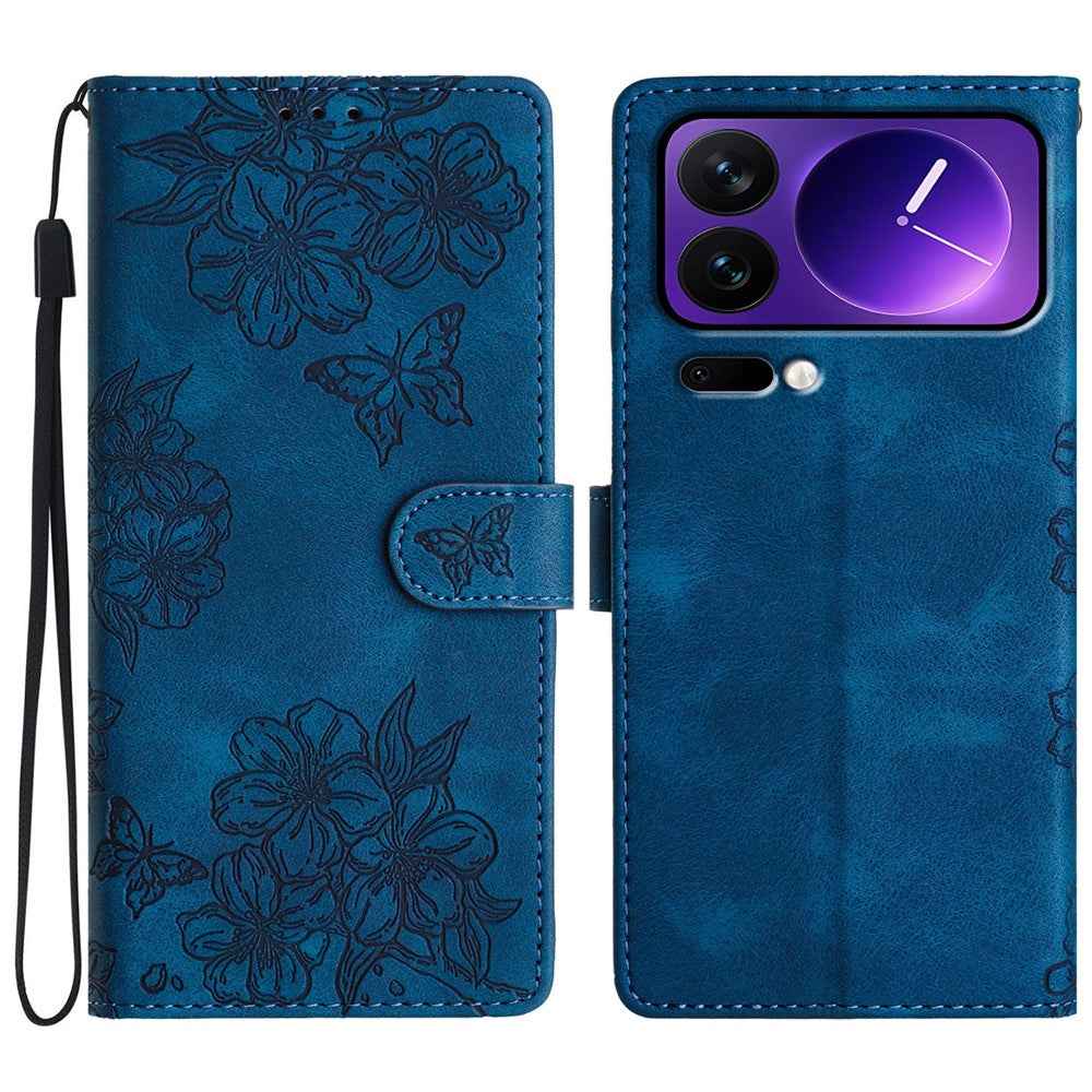 For Xiaomi 17 Pro Case Butterfly Flower Pattern Skin-Touch Leather Phone Cover - Blue