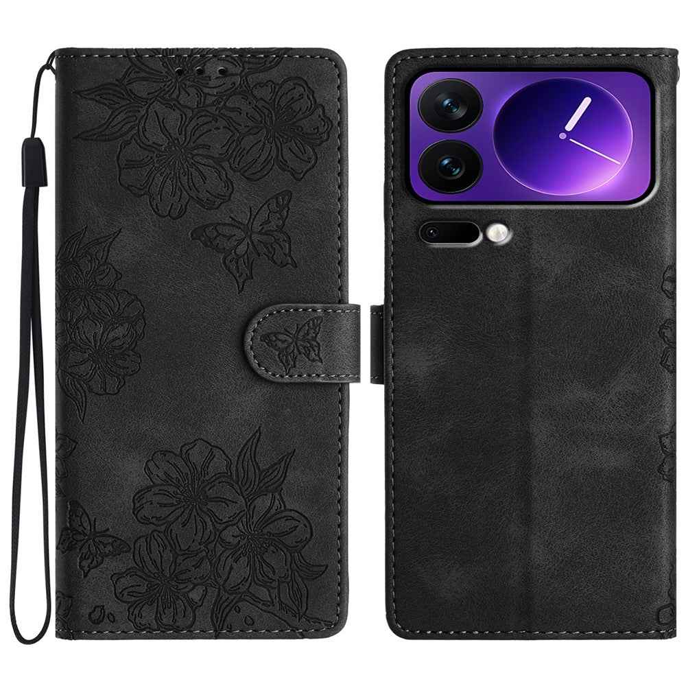 For Xiaomi 17 Pro Case Butterfly Flower Pattern Skin-Touch Leather Phone Cover - Black