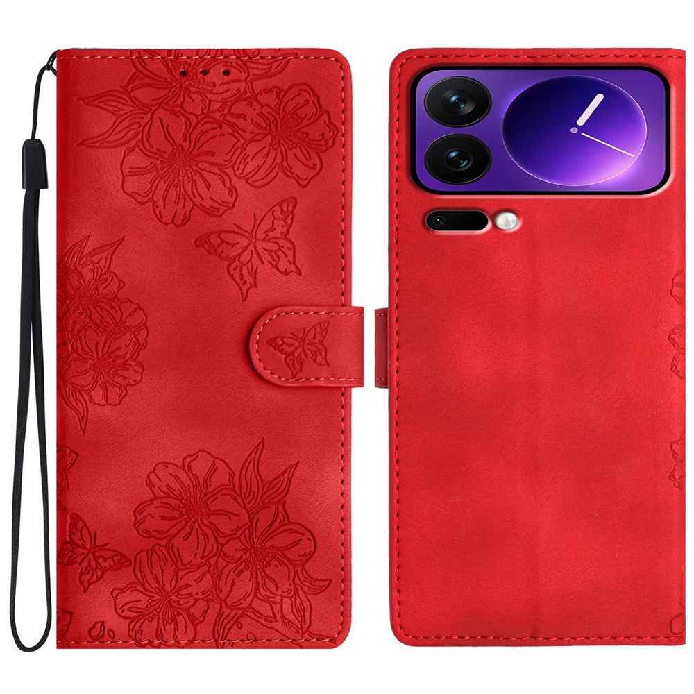For Xiaomi 17 Pro Case Butterfly Flower Pattern Skin-Touch Leather Phone Cover - Red