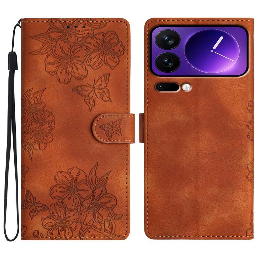 For Xiaomi 17 Pro Case Butterfly Flower Pattern Skin-Touch Leather Phone Cover - Brown