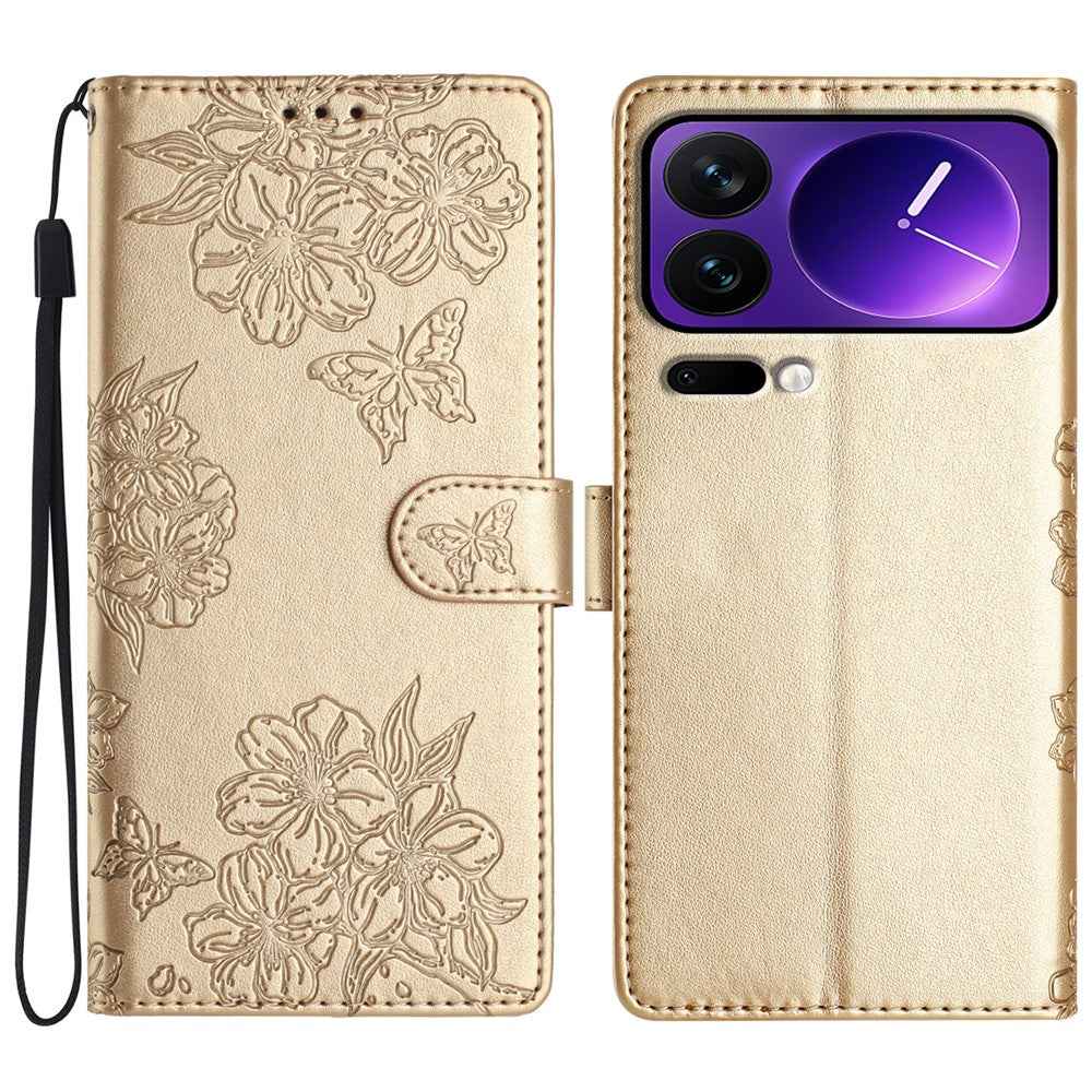 For Xiaomi 17 Pro Case Butterfly Flower Pattern Skin-Touch Leather Phone Cover - Gold