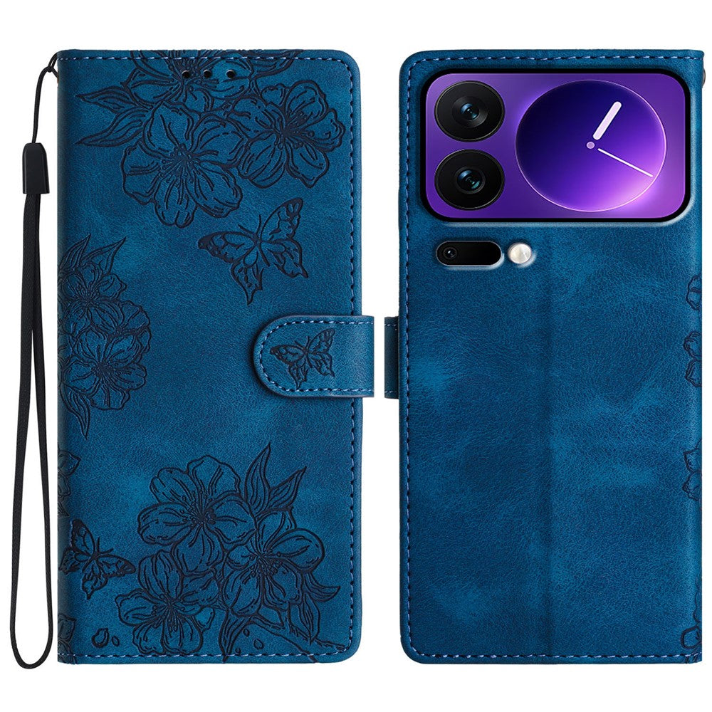 For Xiaomi 17 Pro Max Case Butterfly Flower Pattern Skin-Touch Leather Phone Cover - Blue