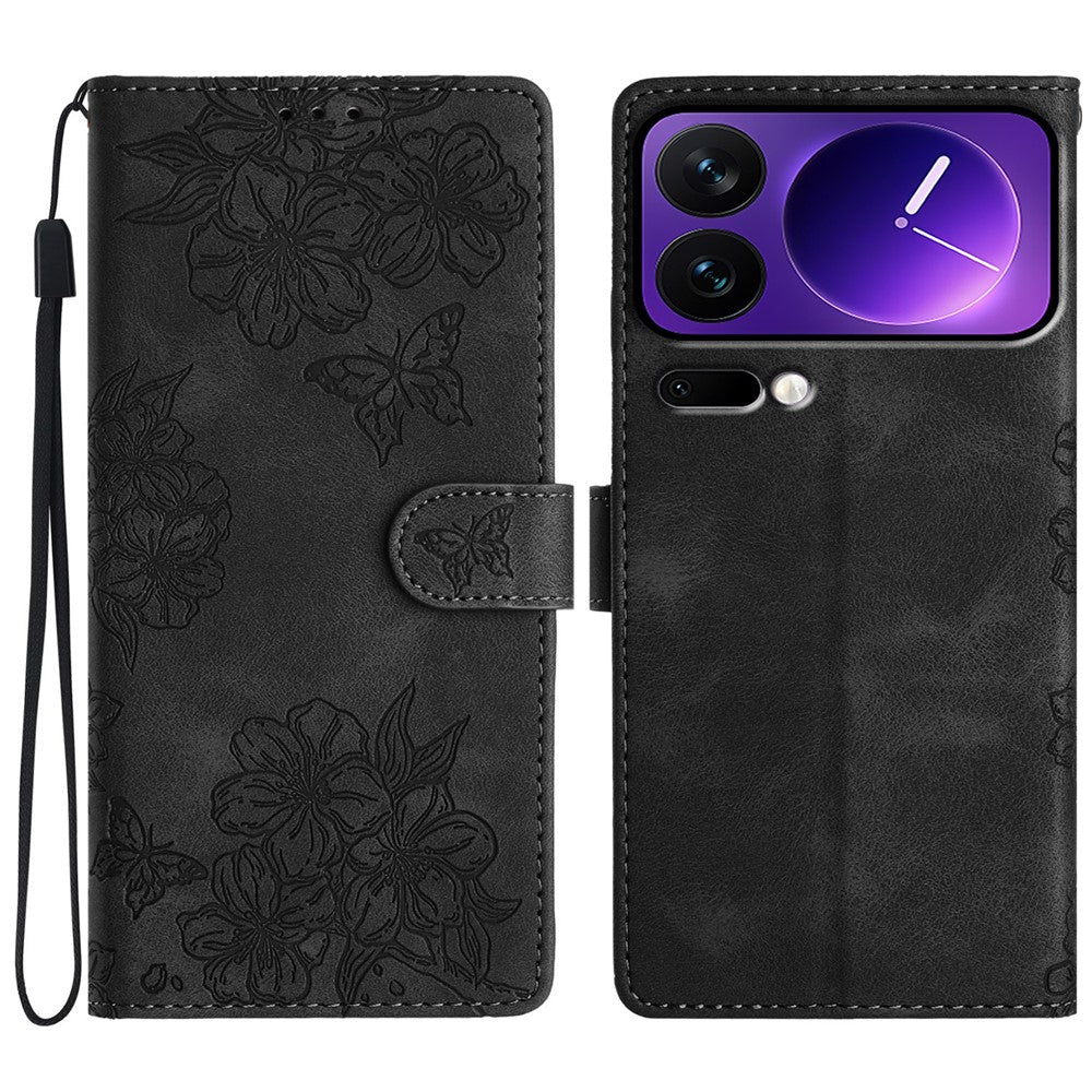 For Xiaomi 17 Pro Max Case Butterfly Flower Pattern Skin-Touch Leather Phone Cover - Black