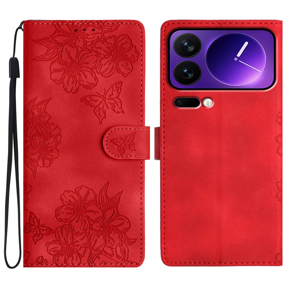 For Xiaomi 17 Pro Max Case Butterfly Flower Pattern Skin-Touch Leather Phone Cover - Red