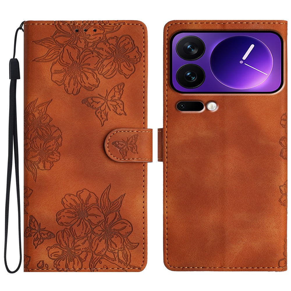 For Xiaomi 17 Pro Max Case Butterfly Flower Pattern Skin-Touch Leather Phone Cover - Brown