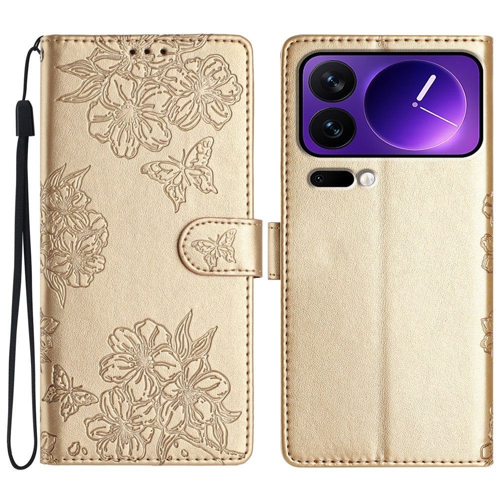 For Xiaomi 17 Pro Max Case Butterfly Flower Pattern Skin-Touch Leather Phone Cover - Gold