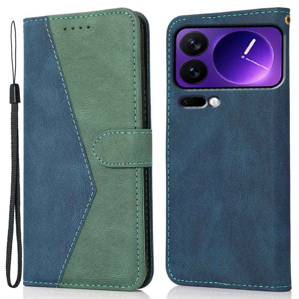 For Xiaomi 17 Pro Case Color Splicing Wallet Stand Leather Phone Cover with Wrist Strap - Blue  /  Green