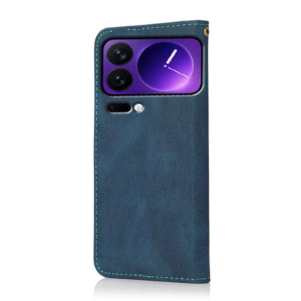 For Xiaomi 17 Pro Case Color Splicing Wallet Stand Leather Phone Cover with Wrist Strap - Blue  /  Green