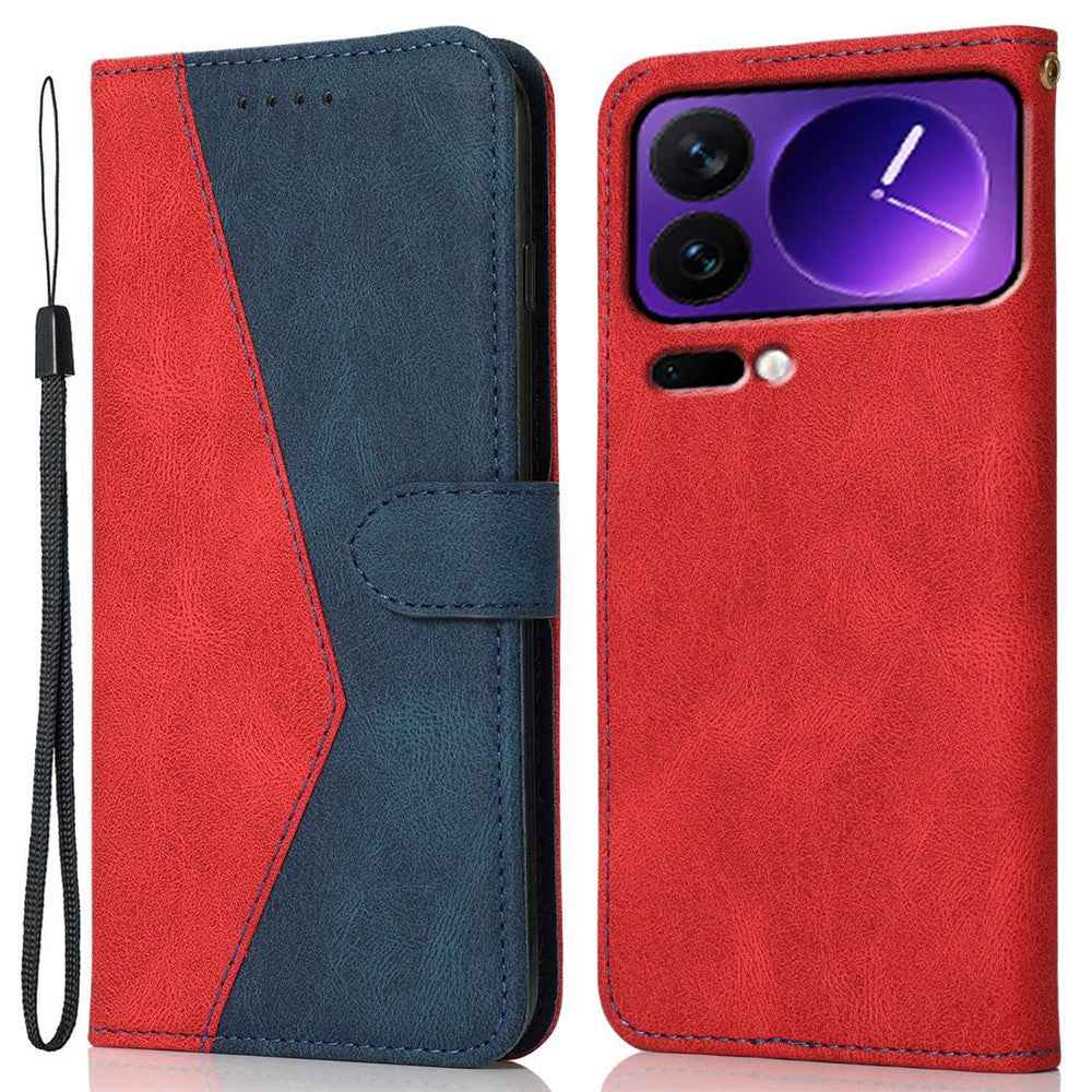 For Xiaomi 17 Pro Case Color Splicing Wallet Stand Leather Phone Cover with Wrist Strap - Red  /  Blue