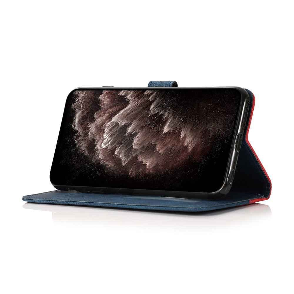 For Xiaomi 17 Pro Case Color Splicing Wallet Stand Leather Phone Cover with Wrist Strap - Red  /  Blue