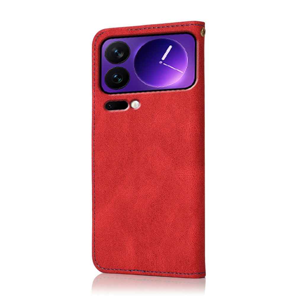 For Xiaomi 17 Pro Case Color Splicing Wallet Stand Leather Phone Cover with Wrist Strap - Red  /  Blue