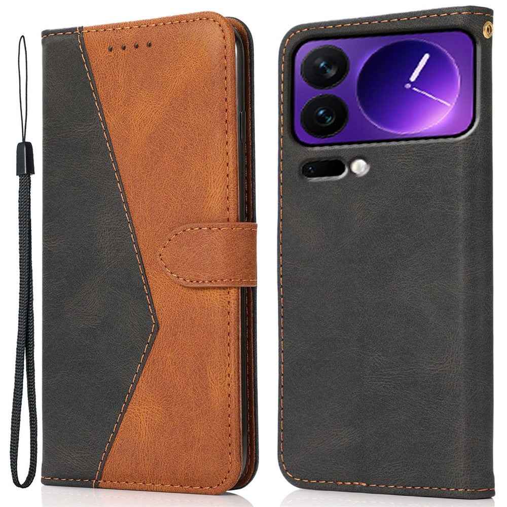 For Xiaomi 17 Pro Case Color Splicing Wallet Stand Leather Phone Cover with Wrist Strap - Black  /  Brown