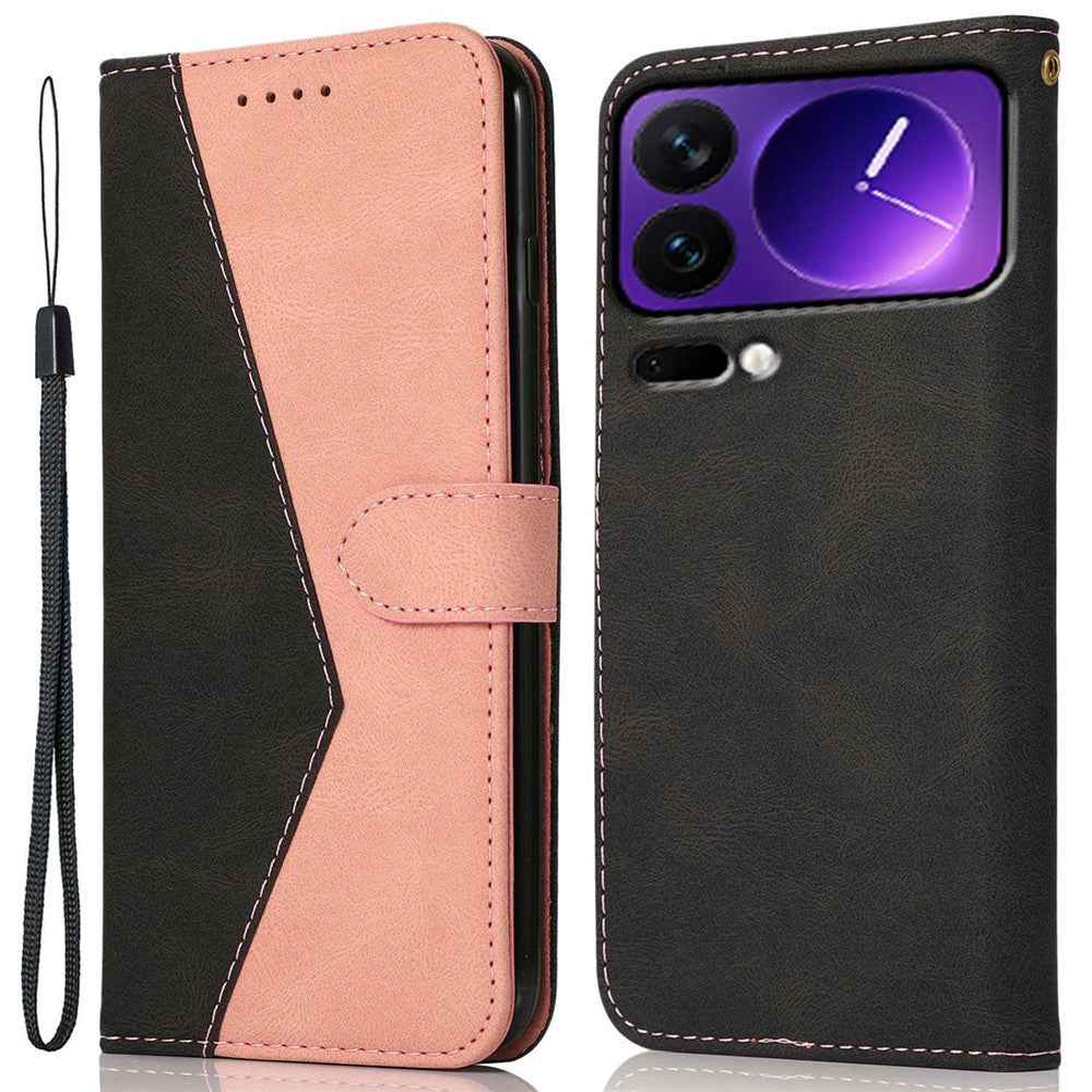 For Xiaomi 17 Pro Case Color Splicing Wallet Stand Leather Phone Cover with Wrist Strap - Black  /  Rose Gold
