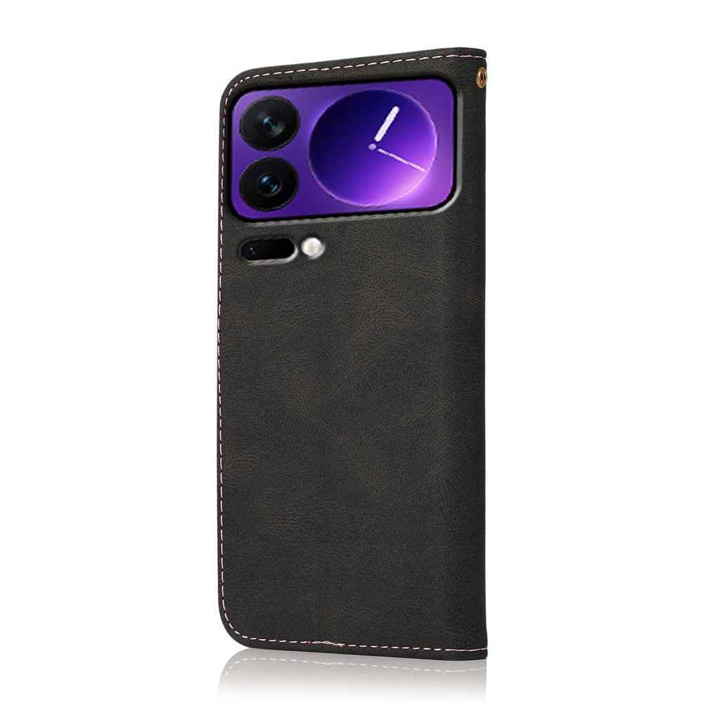 For Xiaomi 17 Pro Case Color Splicing Wallet Stand Leather Phone Cover with Wrist Strap - Black  /  Rose Gold