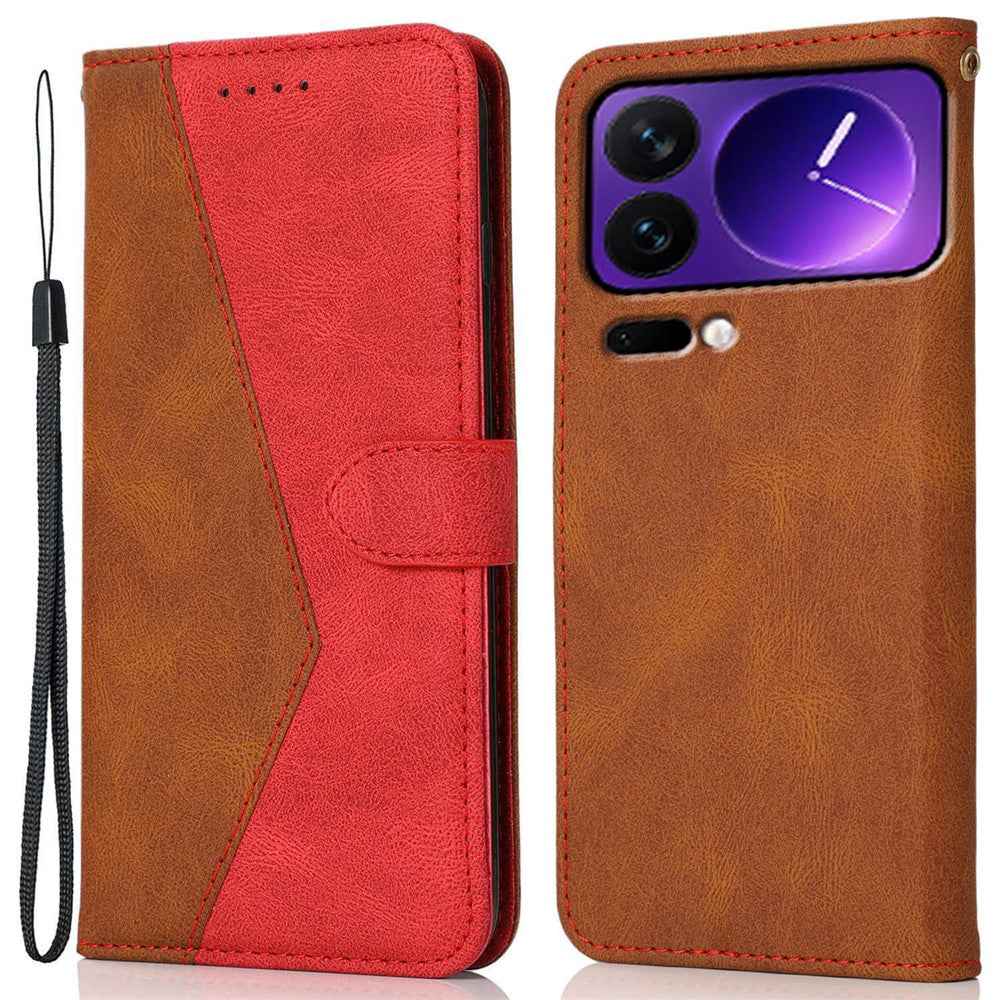 For Xiaomi 17 Pro Case Color Splicing Wallet Stand Leather Phone Cover with Wrist Strap - Brown  /  Red