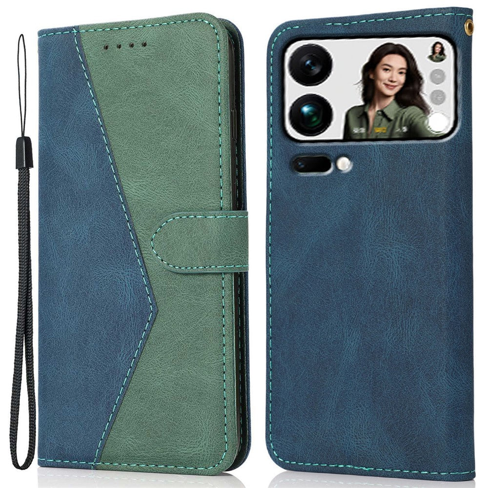For Xiaomi 17 Pro Max Case Color Splicing Wallet Stand Leather Phone Cover with Wrist Strap - Blue  /  Green