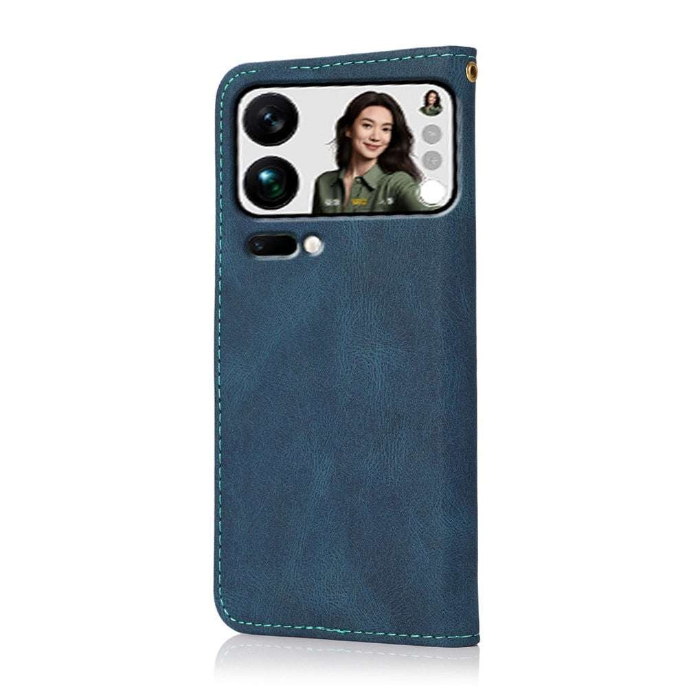For Xiaomi 17 Pro Max Case Color Splicing Wallet Stand Leather Phone Cover with Wrist Strap - Blue  /  Green