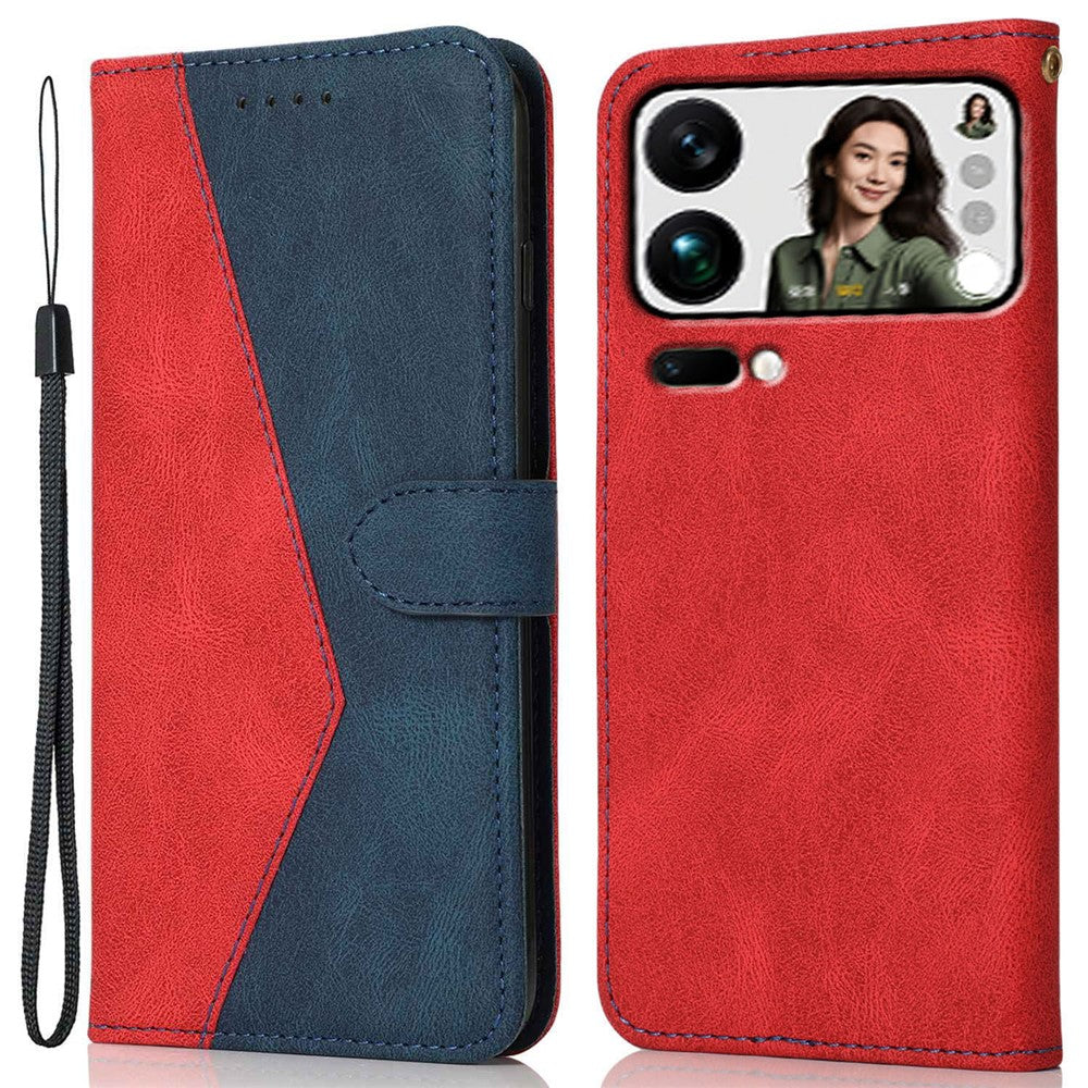 For Xiaomi 17 Pro Max Case Color Splicing Wallet Stand Leather Phone Cover with Wrist Strap - Red  /  Blue